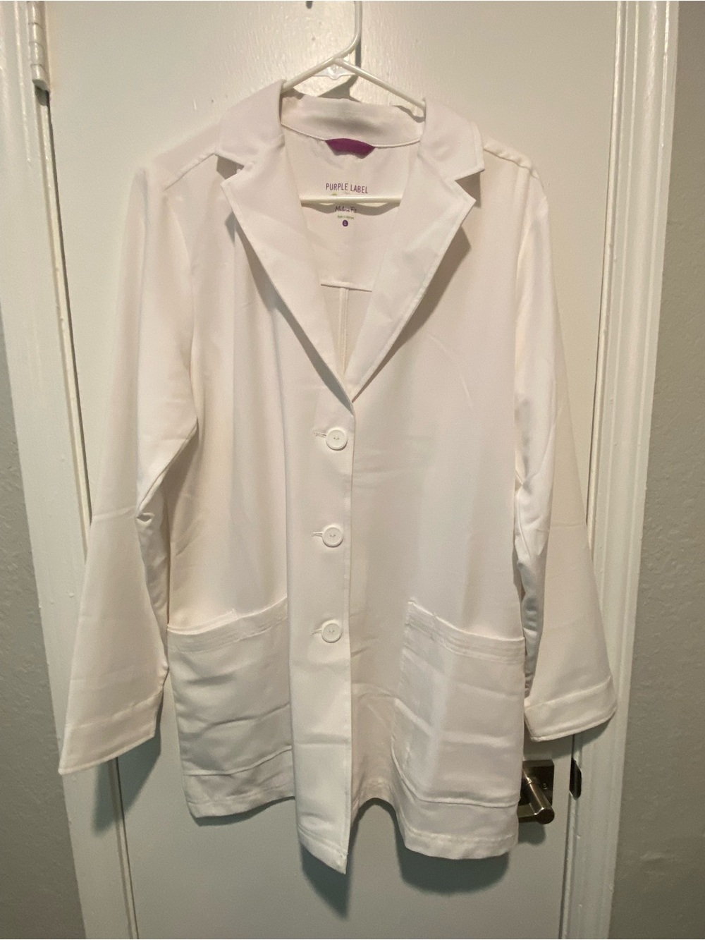 healing hands White Lab Jacket with Purple Trim